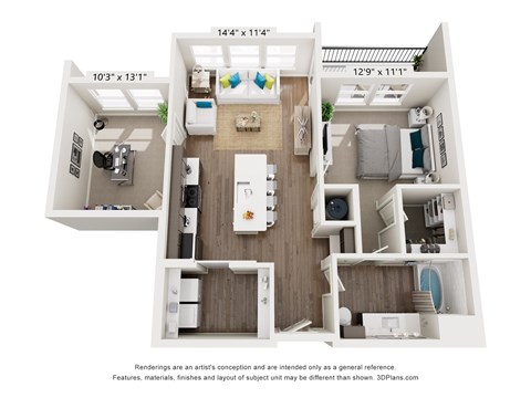 A 3D floor plan of a small apartment with a kitchen, living room, and bathroom.